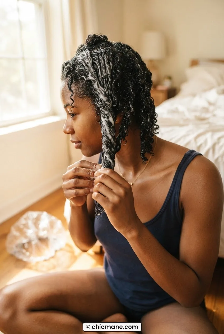 Woman smoothing deep conditioner through a section of very wet 4C coily hair with shower cap resting beside her