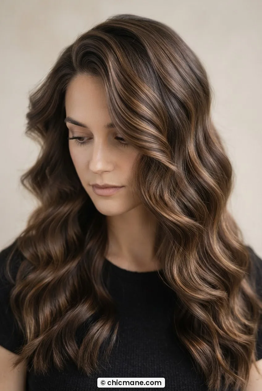Woman with deep side part and loose long waves photographed from slightly above showing diagonal wave travel and cheekbone volume