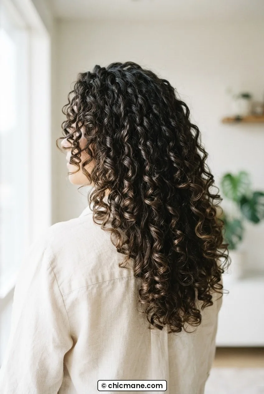 Back three quarter view of woman with thick 3B curls showing well-defined spiral clumps hanging separately in bright room