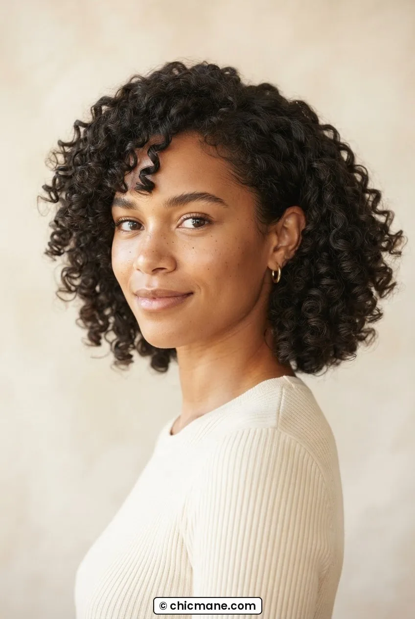 Woman with a DevaCut curly bob on 3B curls with even volume distribution and one ear tucked