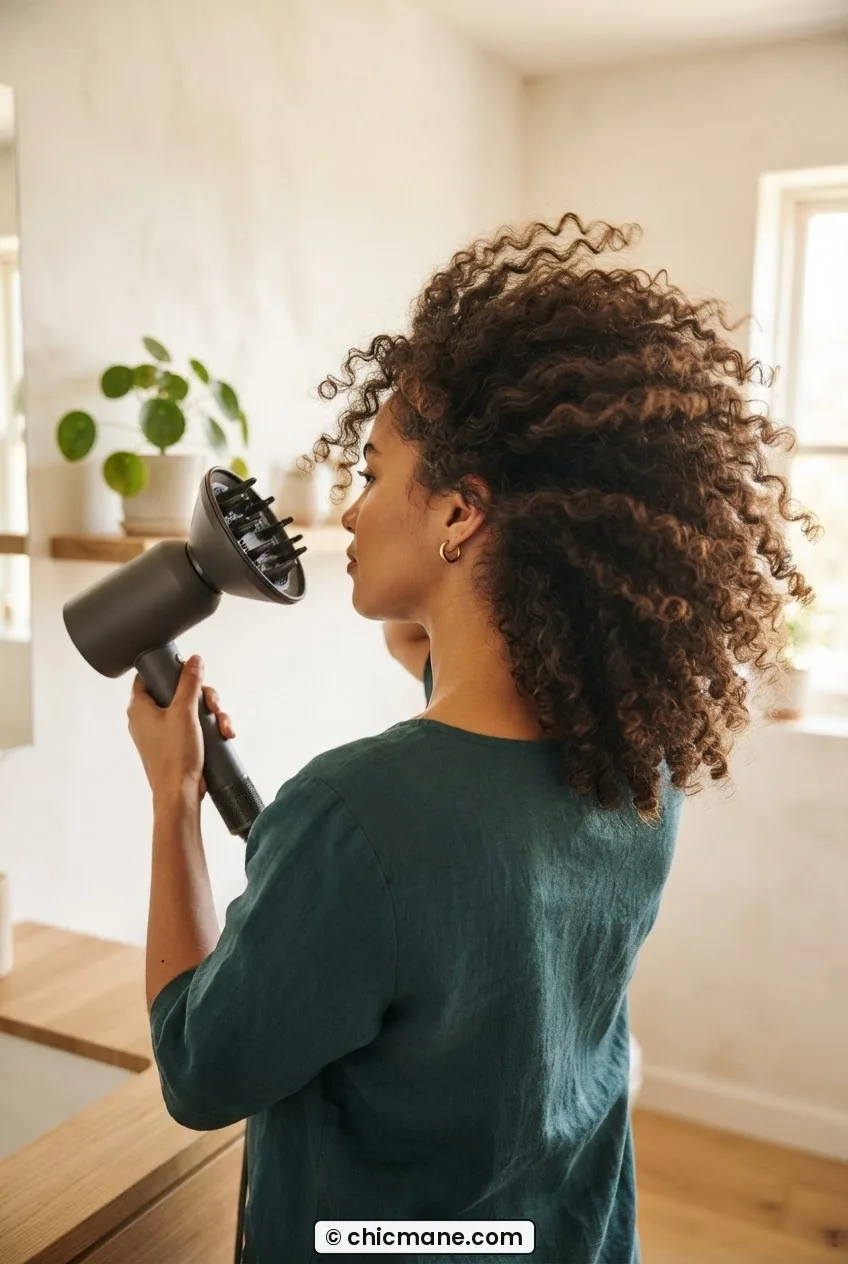 Back view of woman with thick curly hair mid-diffusing session with visible lifted volume in bright room