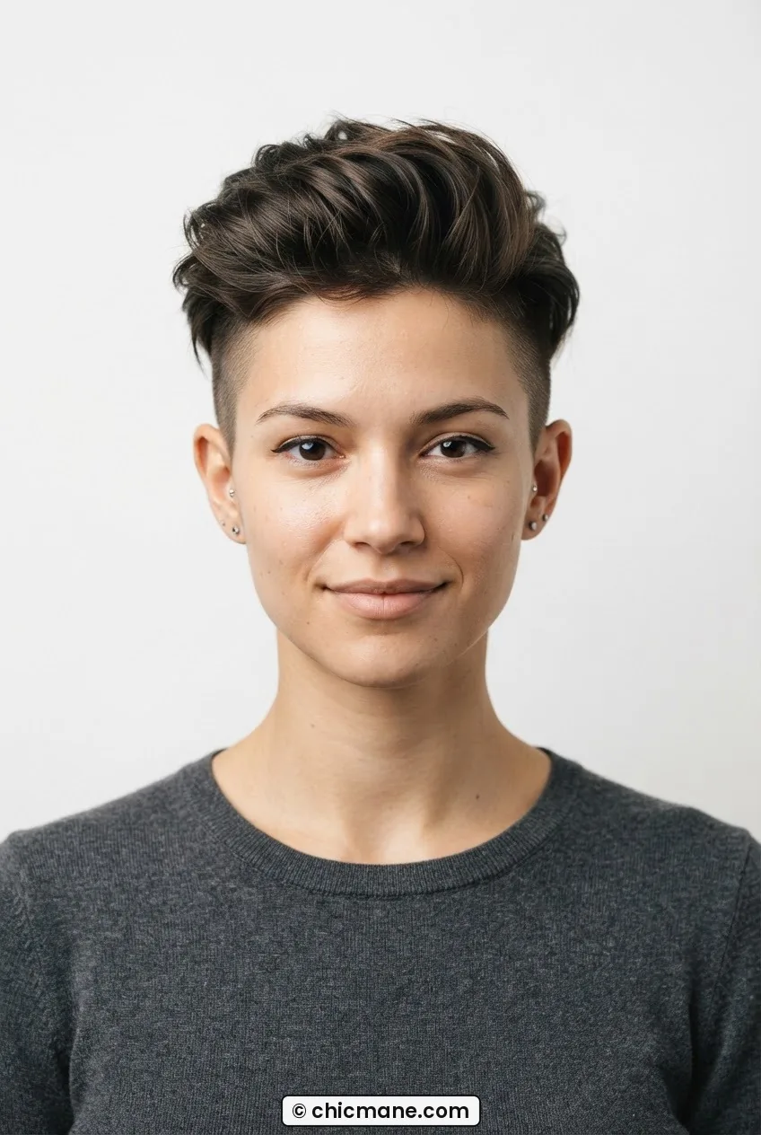 Woman with disconnected crop showing dramatic volume on top and closely cropped sides in symmetrical front-facing beauty shot