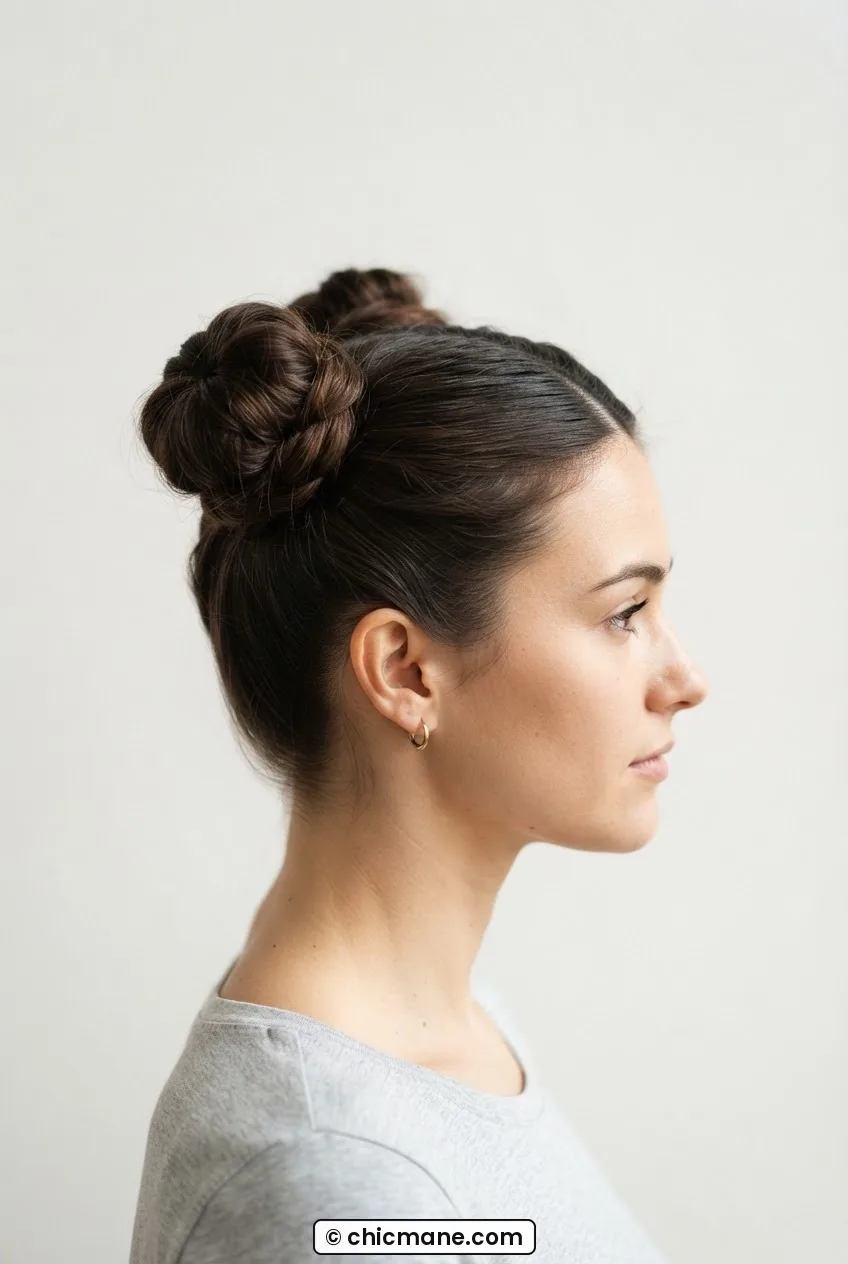 Woman wearing two neat double space buns side by side high on the crown with a center part visible