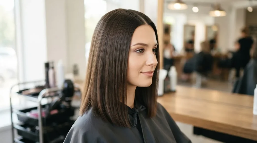 Woman at salon station with completely dry smooth hair hanging loose before any sectioning begins