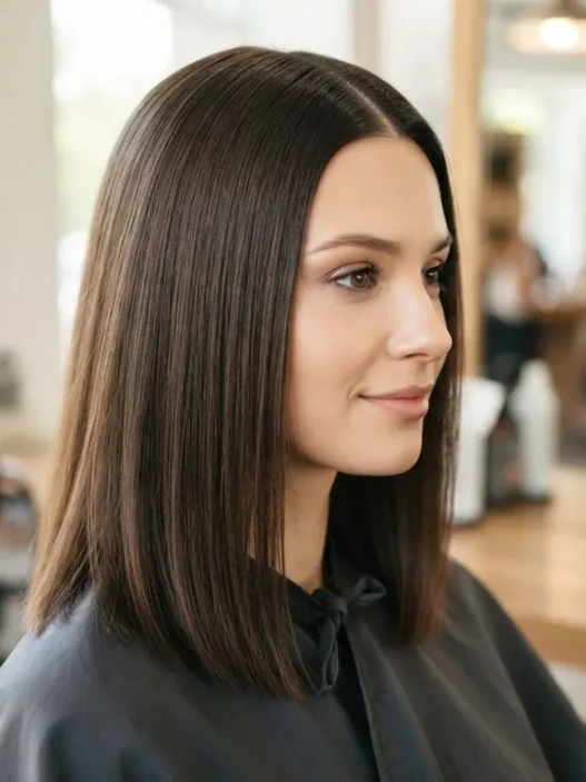 Woman at salon station with completely dry smooth hair hanging loose before any sectioning begins