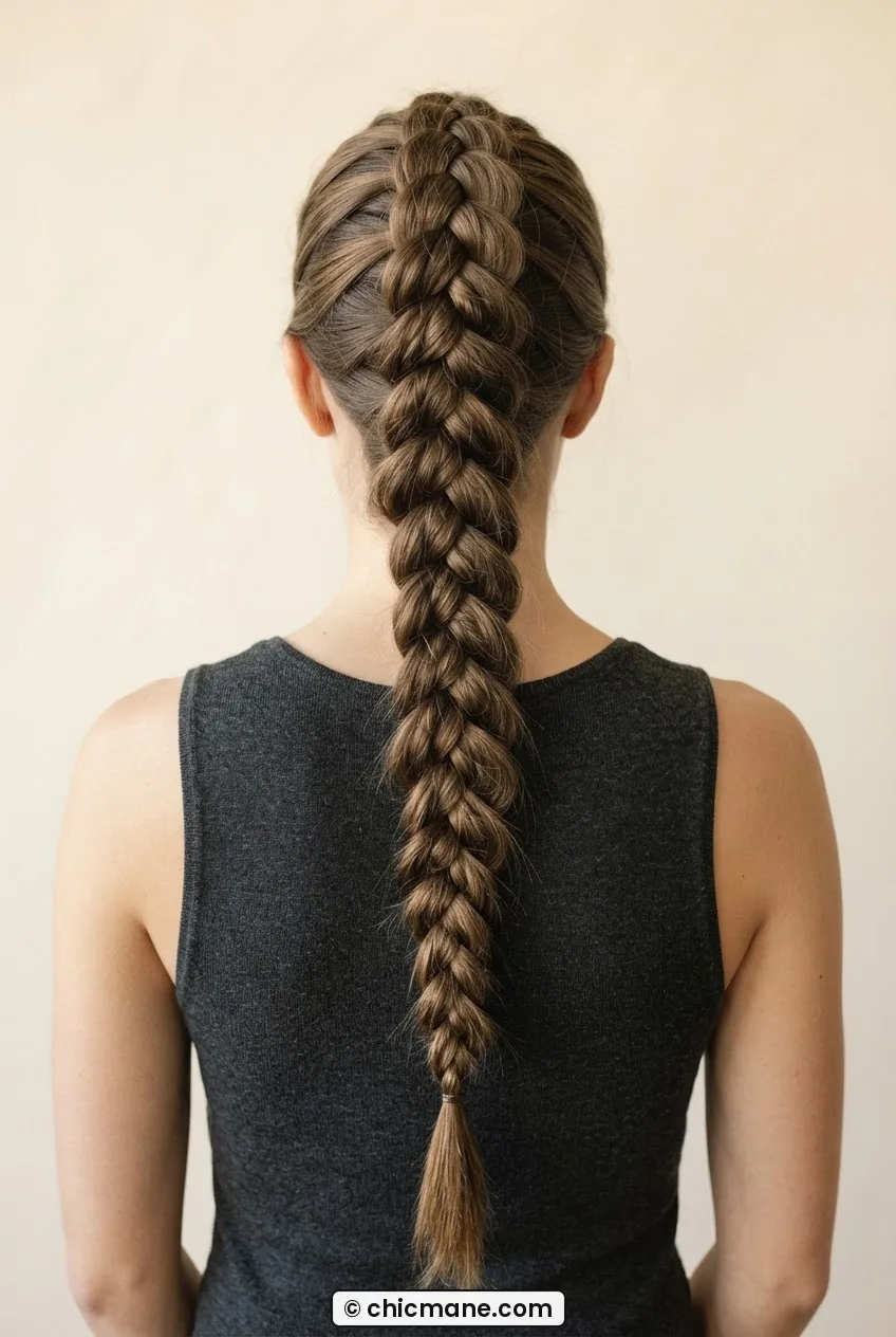 Back view of a woman with a raised Dutch braid running down the center showing bold 3D ridges against a cream backdrop