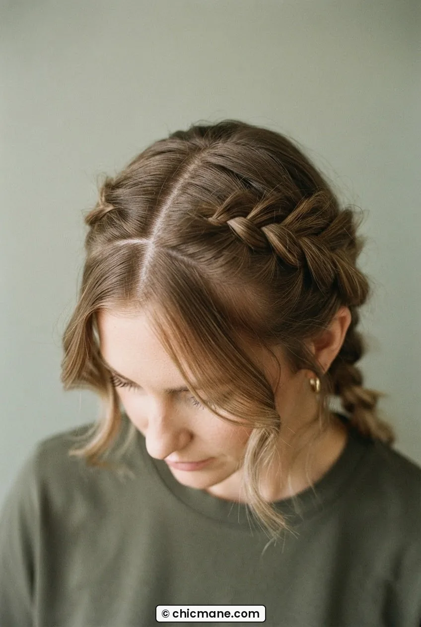 Overhead shot of woman with relaxed Dutch braid featuring wide off-center part and loose face-framing tendrils at jawline