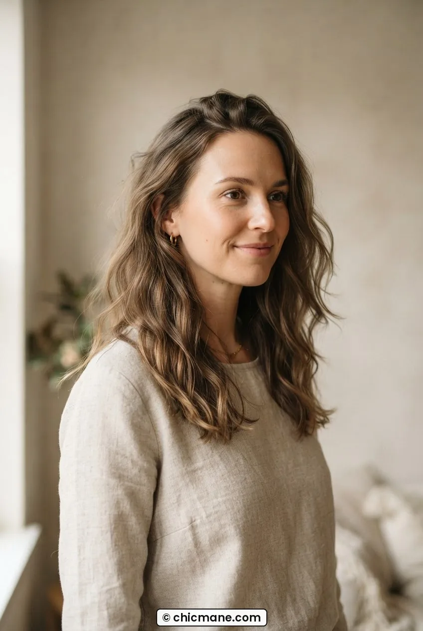 Woman with a past-the-shoulder easy-wear medium cut in casual air-dried natural wavy texture