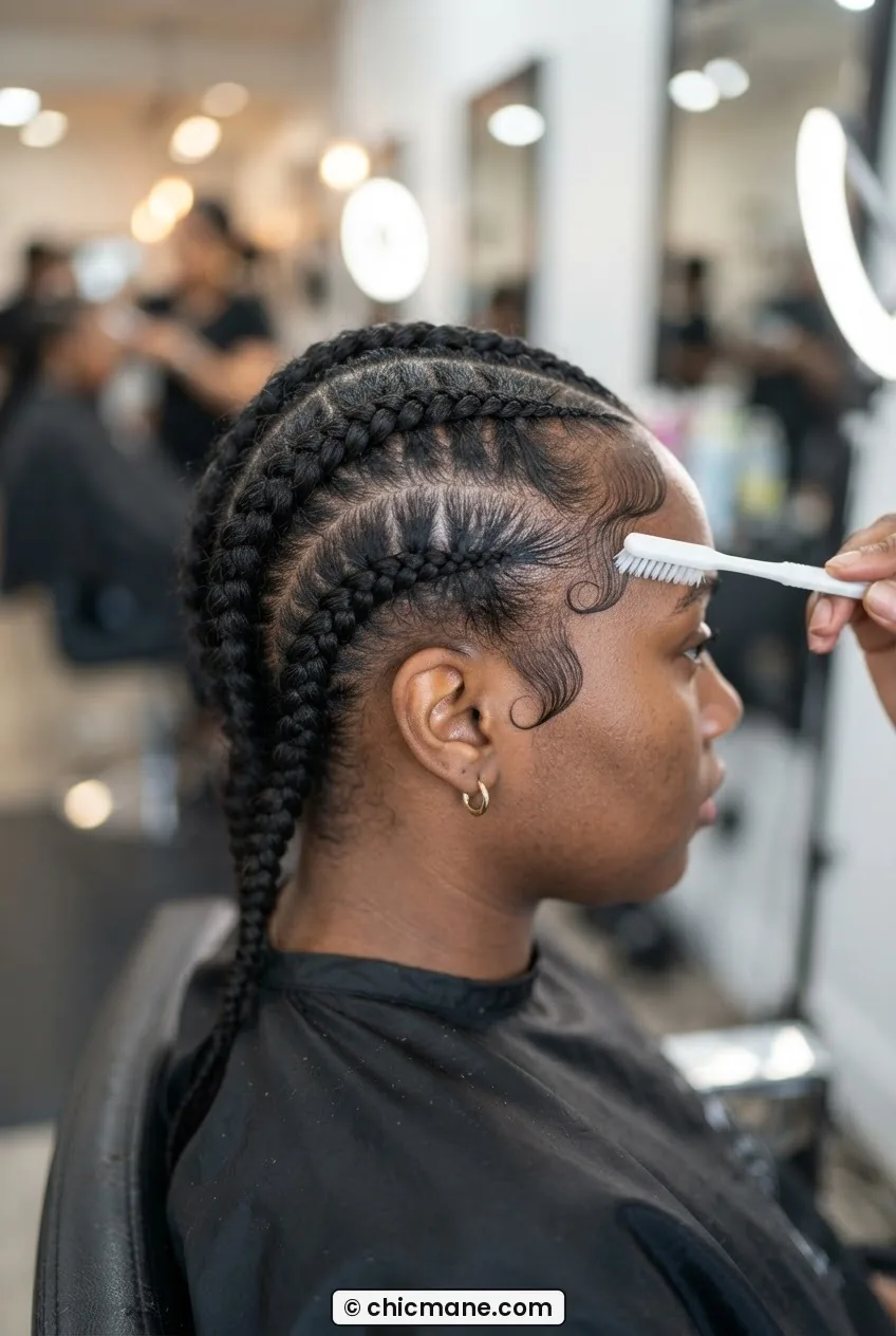Close side-back view of temple and hairline showing two cornrow rows ending cleanly with baby hairs smoothed by a fine toothbrush