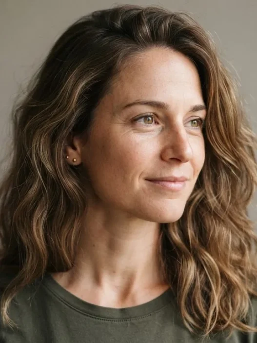 Woman with loose natural shoulder-length waves against a warm grey studio wall in soft frontal light