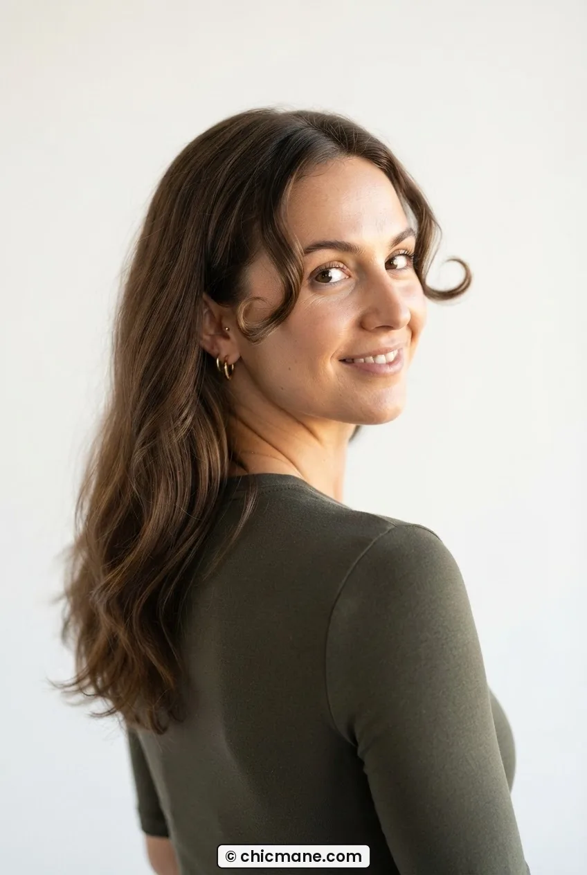 Woman with medium brunette hair showing two face-framing pieces curled outward framing her cheekbone in soft side light
