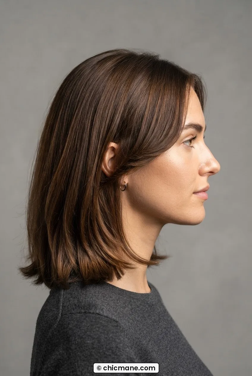Woman with face-framing lob at collarbone length in warm chocolate brown, shorter front pieces visible in side profile