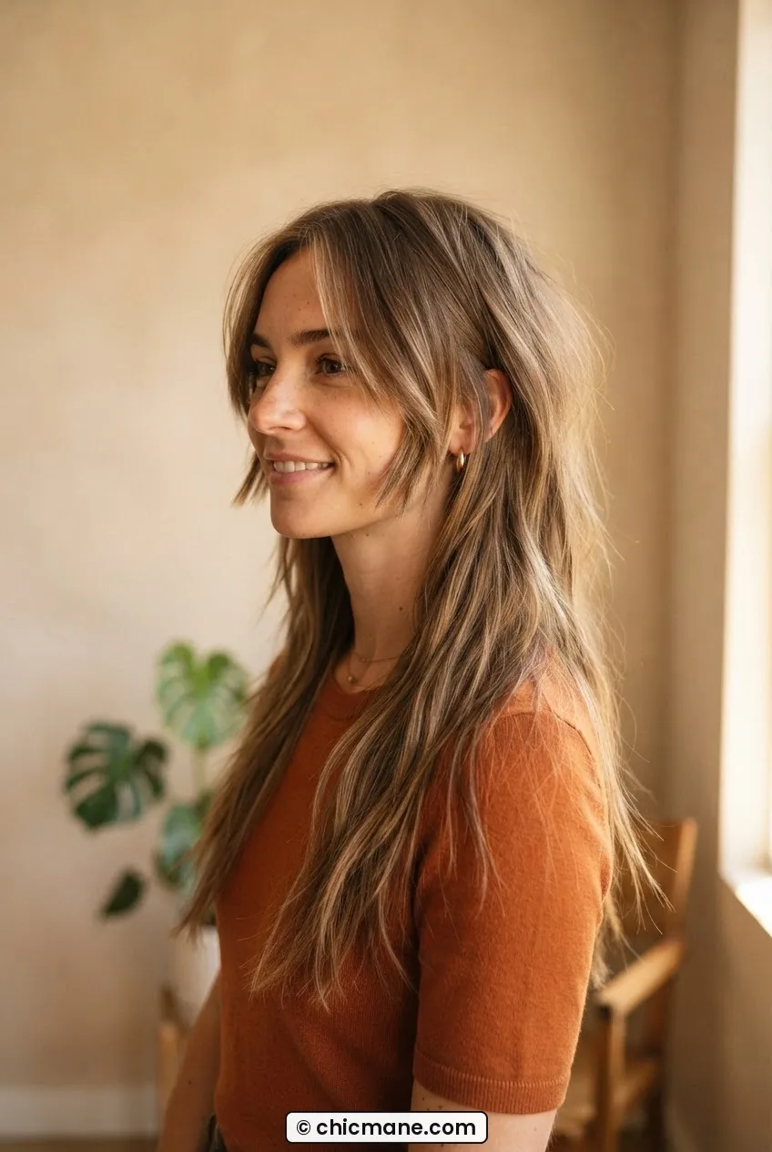 Woman with face-framing past-the-shoulder cut showing dramatic shorter chin-level pieces framing the face