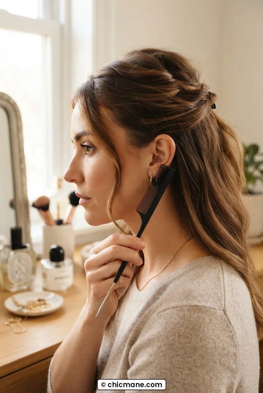 Woman pulling thin face-framing strand loose with rat-tail comb beside ear in half-up style