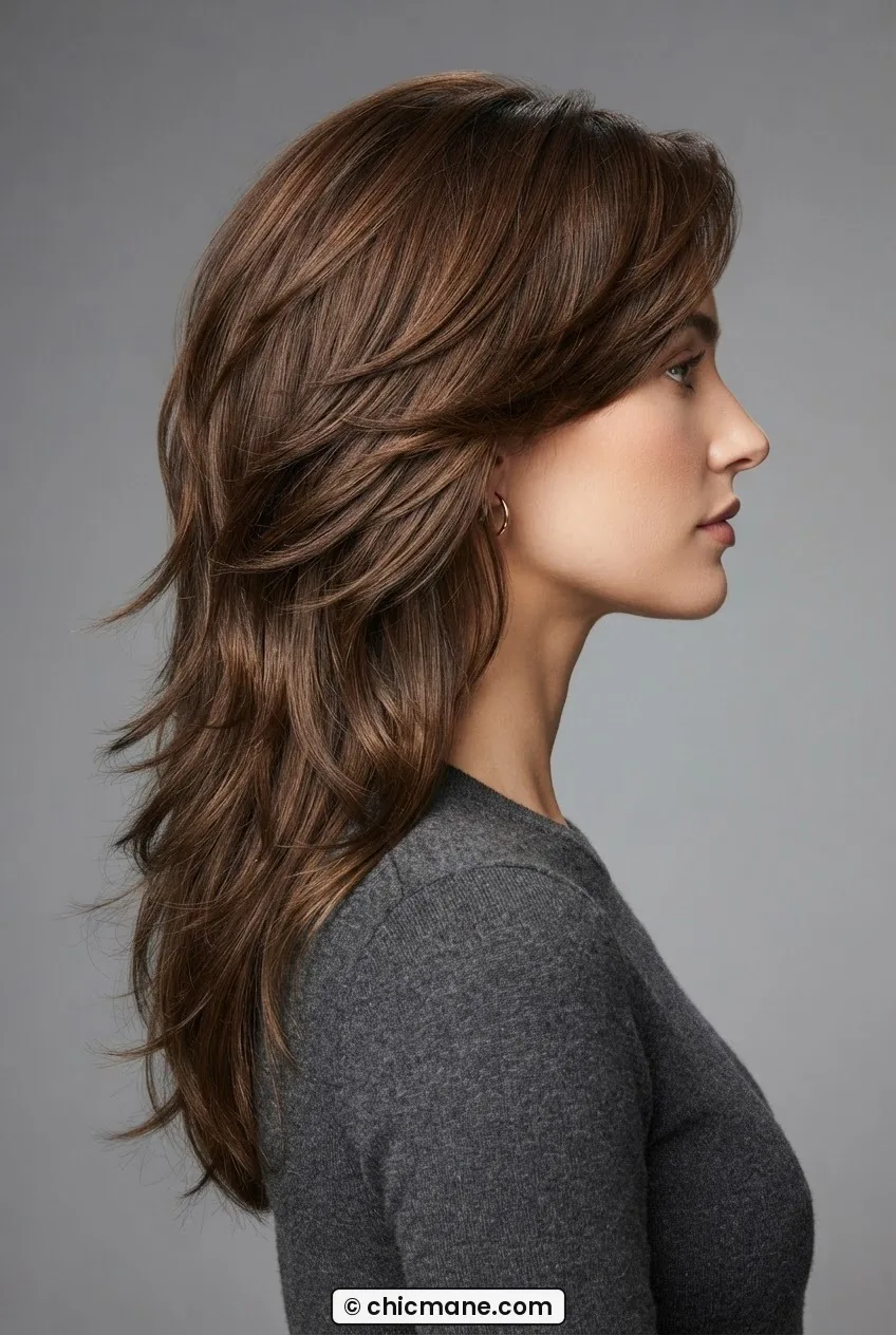 Woman with feathered layer cut in chocolate brown, long graduated feathered pieces sweeping away from the face