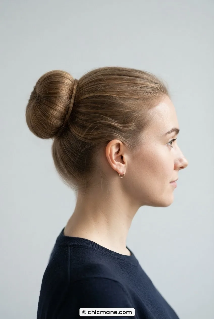 Woman with fine hair wearing a full round donut bun form at mid-crown with hair wrapped evenly around it