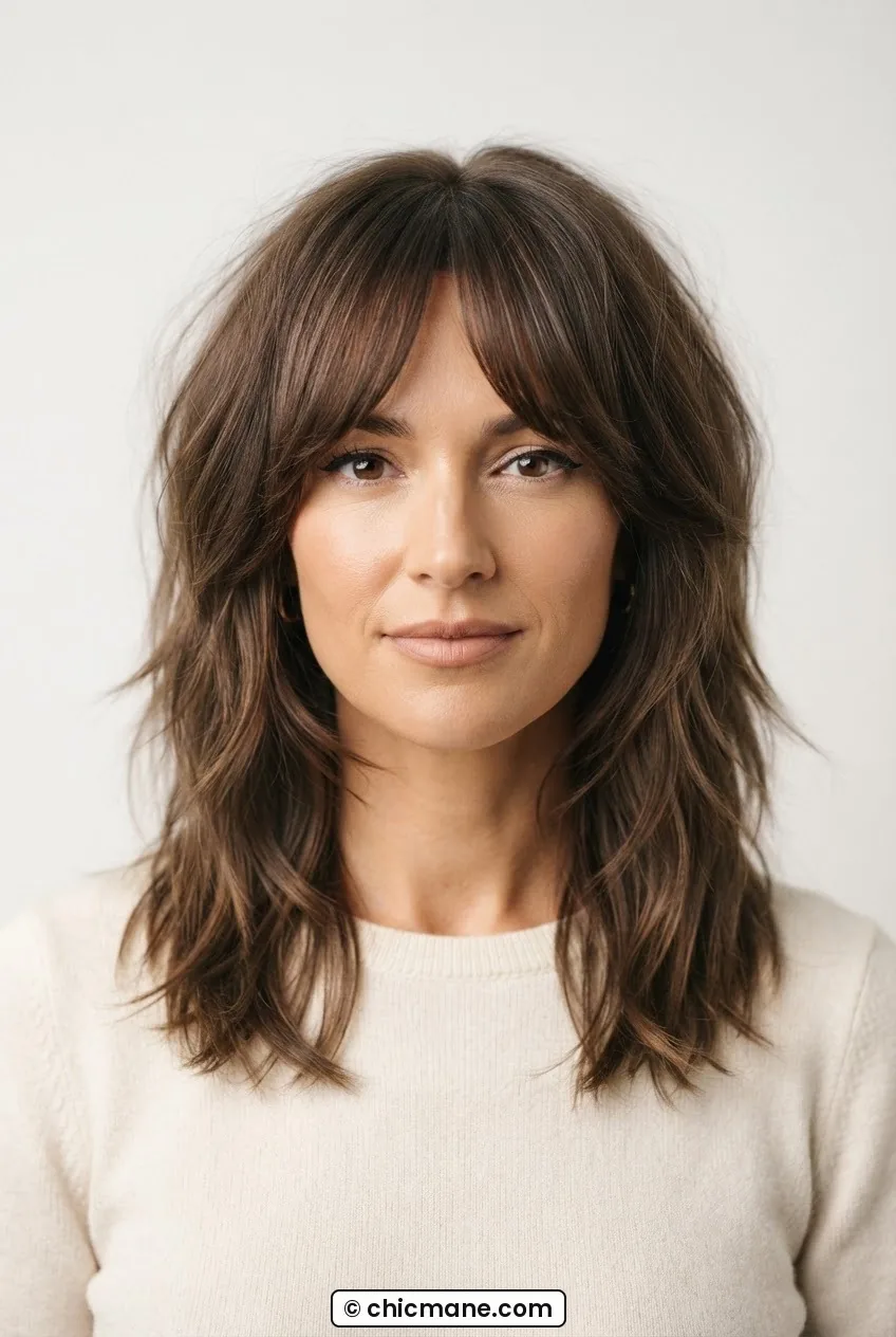 Woman with fine hair in a collarbone shag with long gentle layers and soft fringe looking full at ends