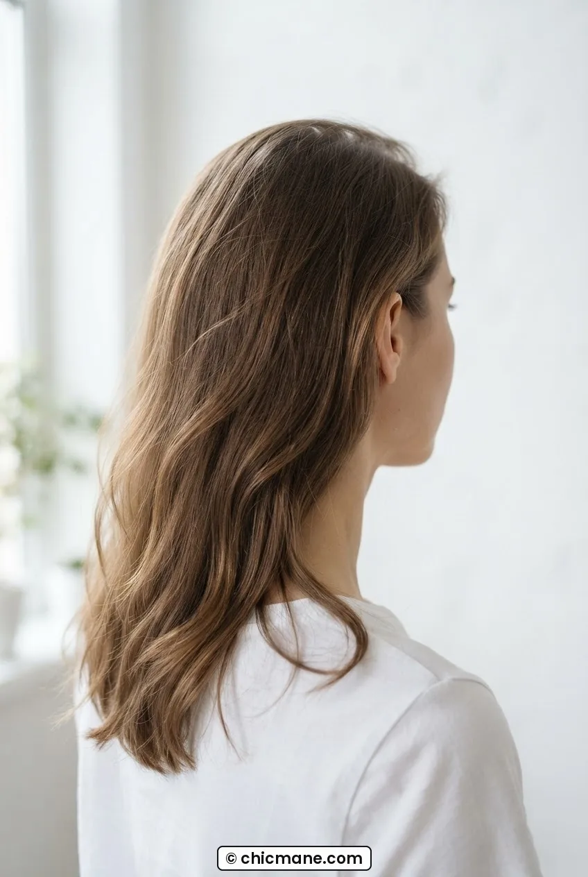 Woman with fine natural hair loose and freshly washed, back three quarter view in bright minimal room