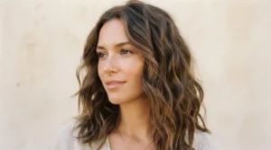 Woman with softly tousled lived-in waves against a warm plain backdrop, three quarter view showing effortless texture from crown to collarbone