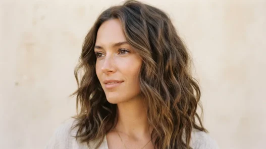 Woman with softly tousled lived-in waves against a warm plain backdrop, three quarter view showing effortless texture from crown to collarbone