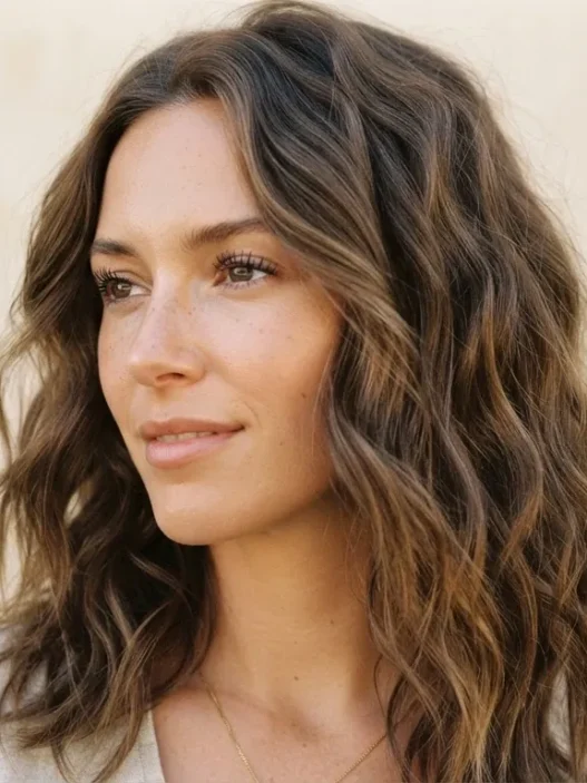 Woman with softly tousled lived-in waves against a warm plain backdrop, three quarter view showing effortless texture from crown to collarbone