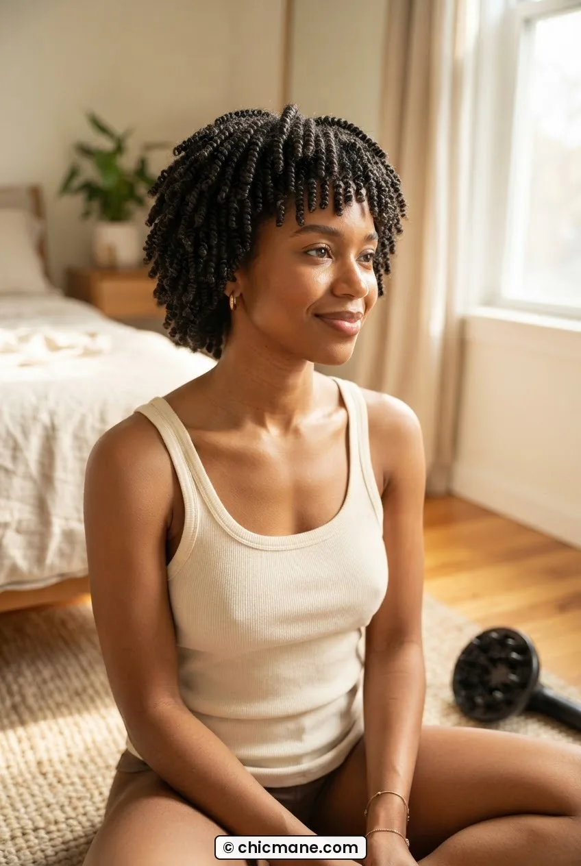 Woman sitting upright with fully finger-coiled 4C natural hair drying freely with a diffuser attachment resting beside her