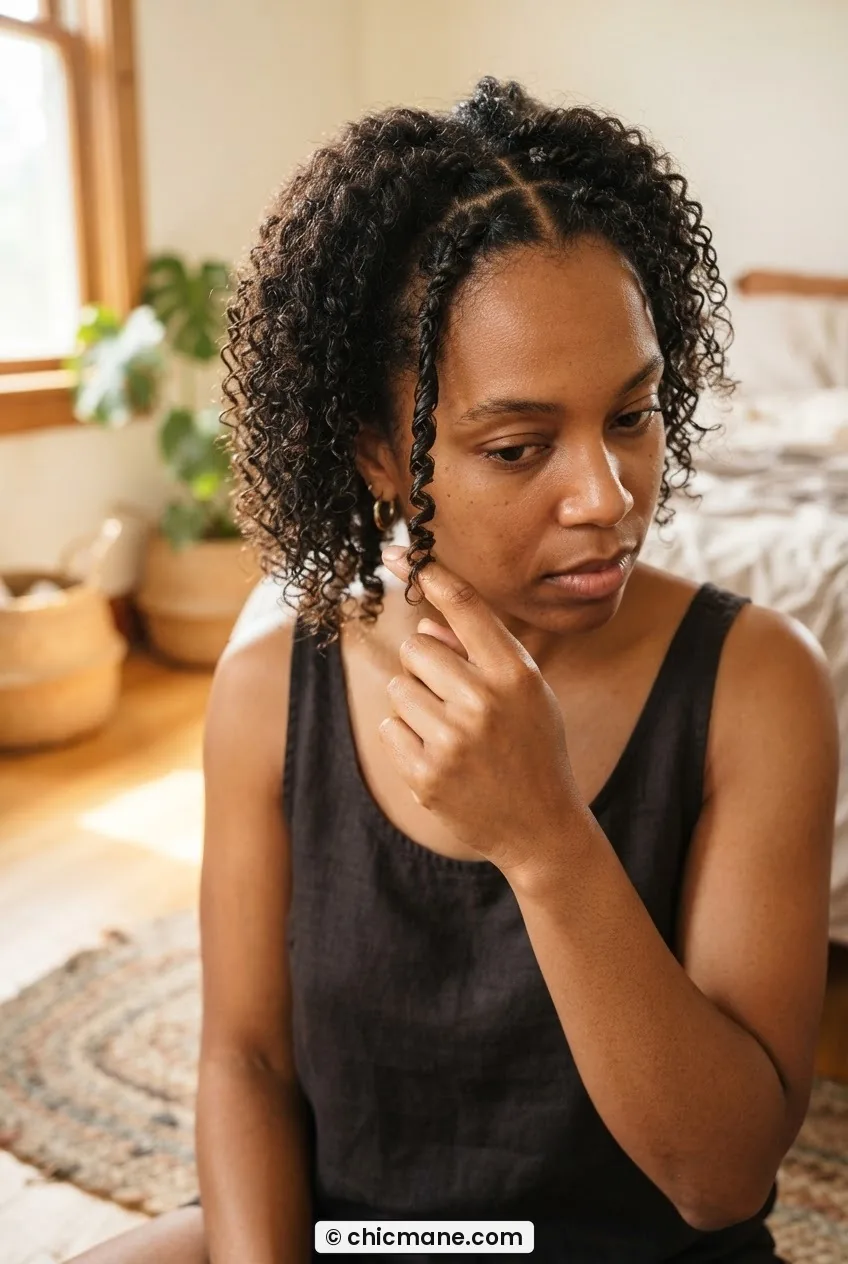 Woman finger-coiling a pencil-width strand of 4C natural hair around her index finger to form a defined spiral