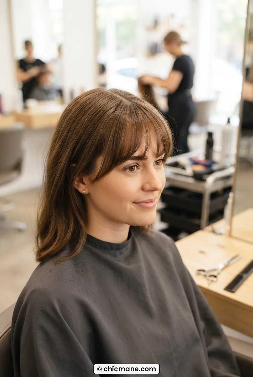 Woman at salon station showing finished bangs resting evenly across the forehead with soft textured edge