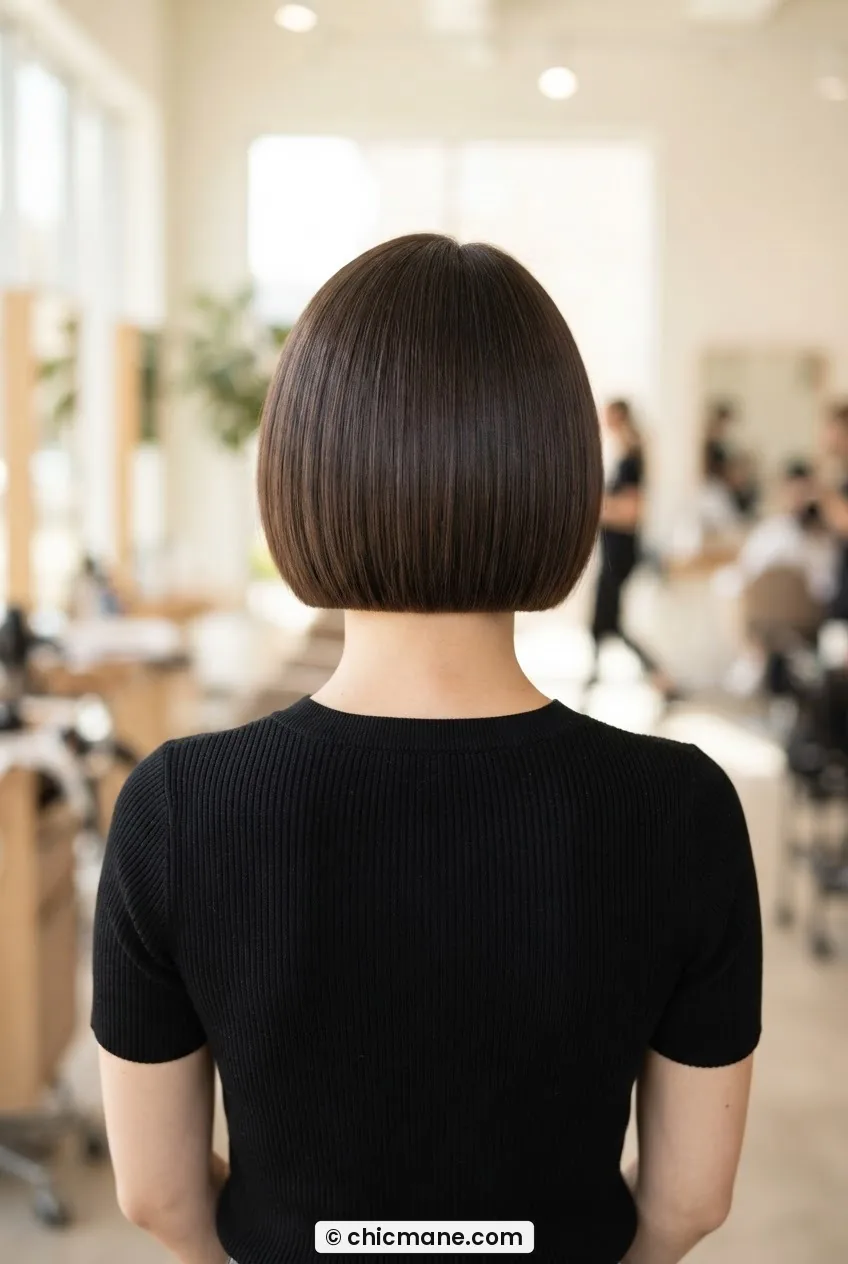 Back view of woman in bright salon with fully completed short bob, rounded crown and level blunt perimeter line