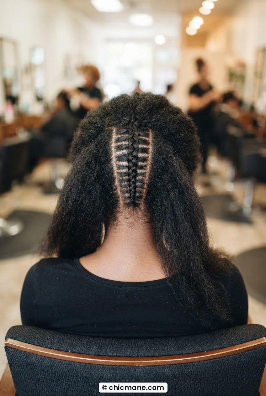 First four picks of a cornrow braid anchored flat against the natural hair scalp at the front hairline