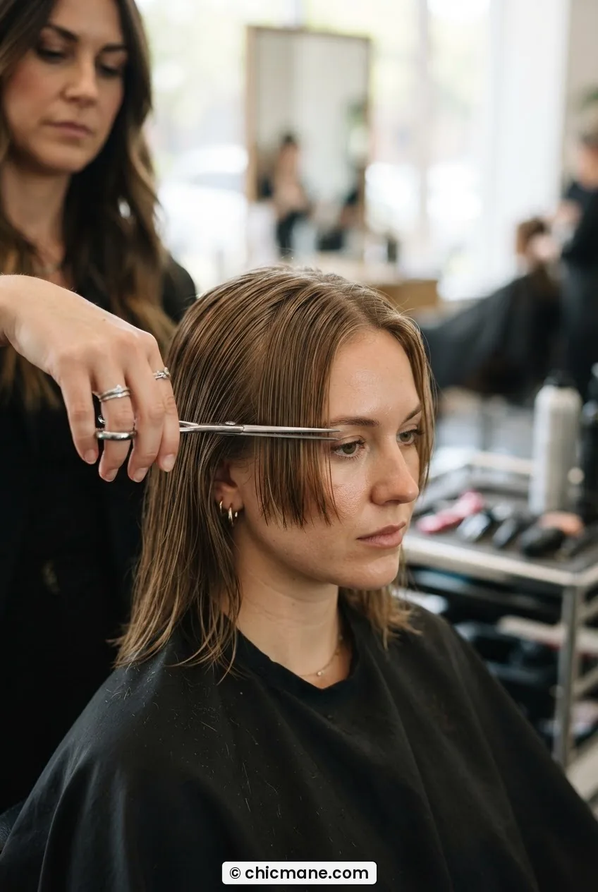 Woman at salon station with sharp shears making a straight horizontal cut across bang section held at nose level