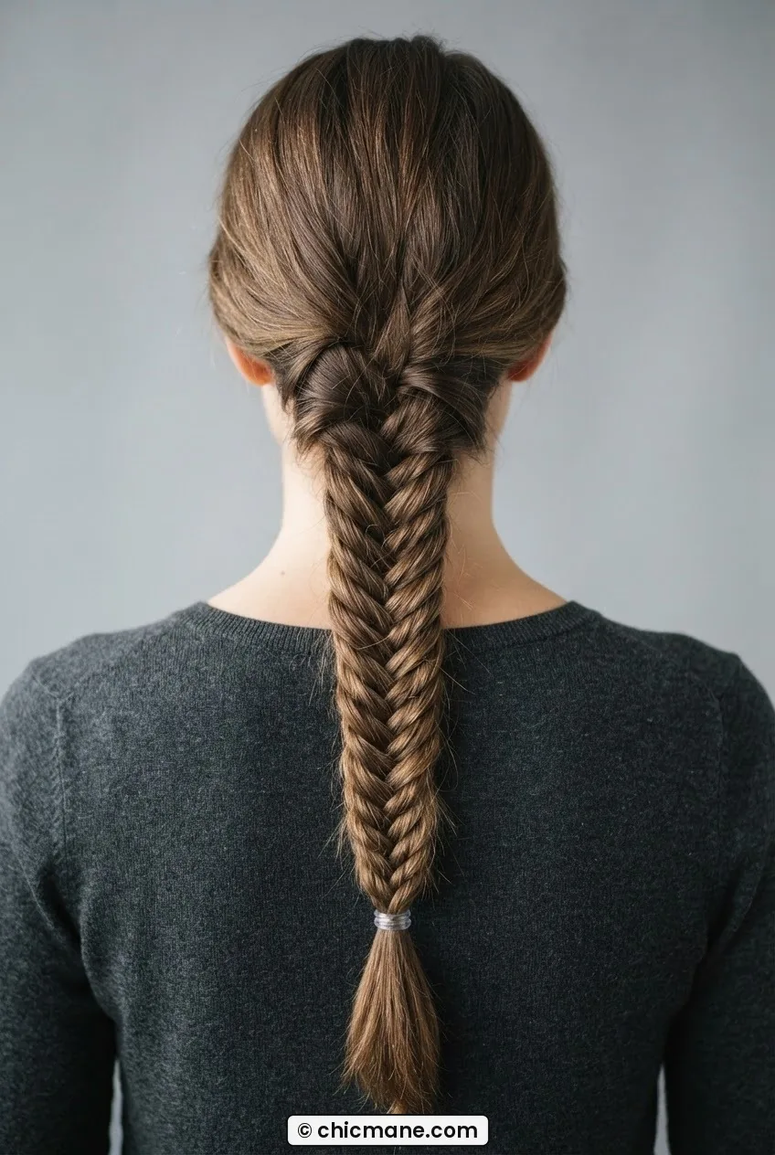 Woman's back with a long fishtail braid showing fine herringbone weave pattern from crown to lower back in diffused light