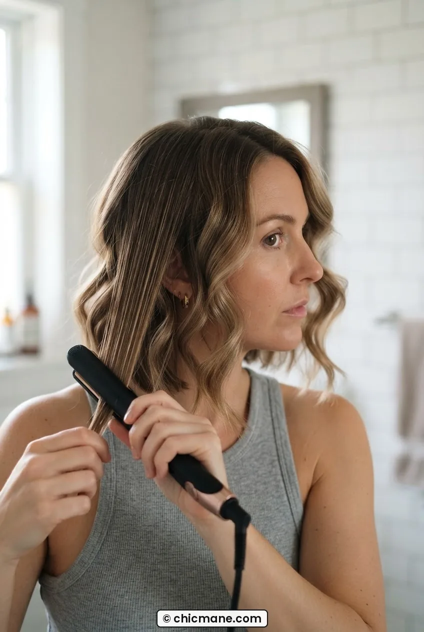 Woman using a small-barrel flat iron on one-inch sections of chin-length hair, right side showing soft waves and left side still straight