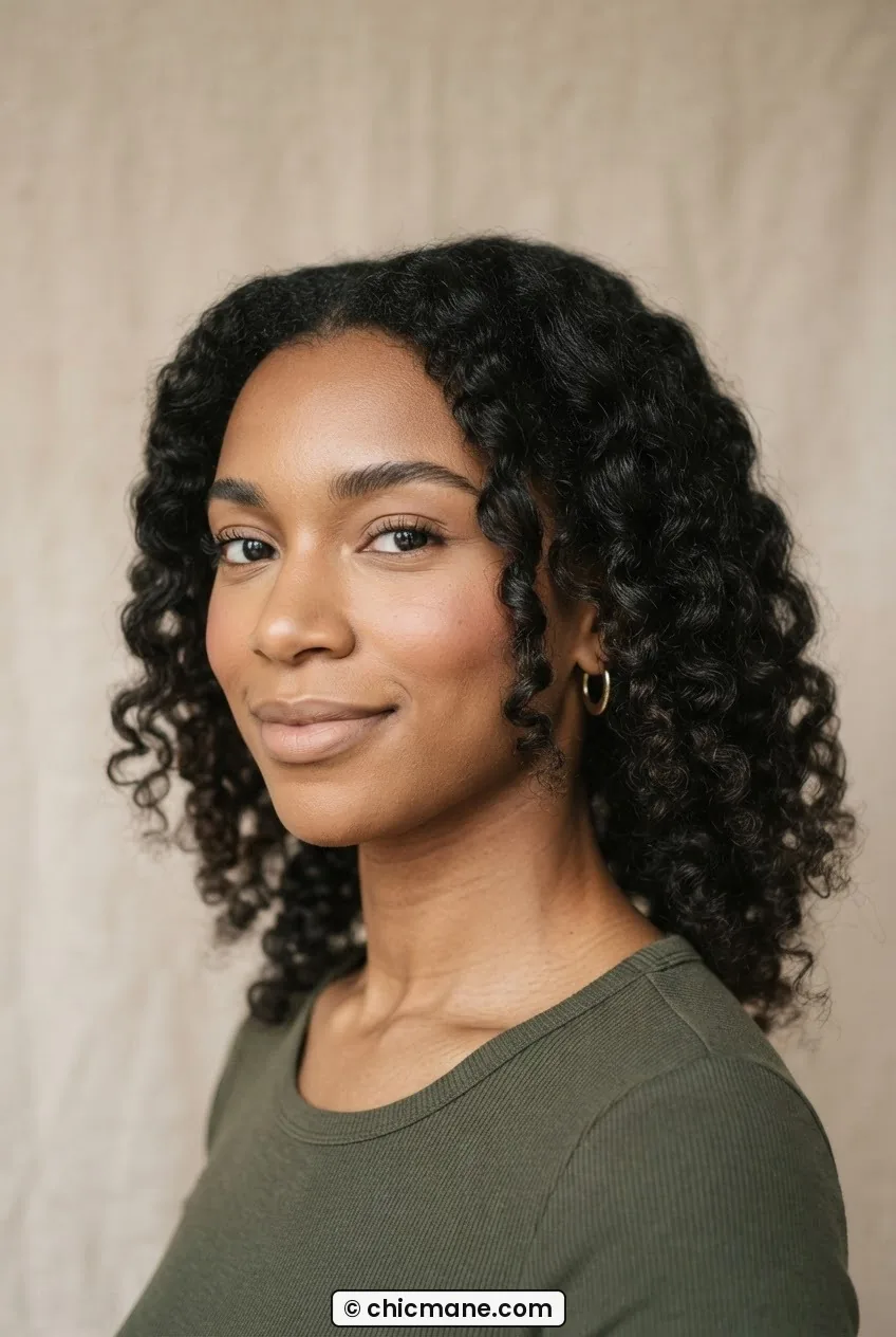 Woman with 3B natural hair in an elongated S-wave flat twist-out framing face softly against warm linen backdrop