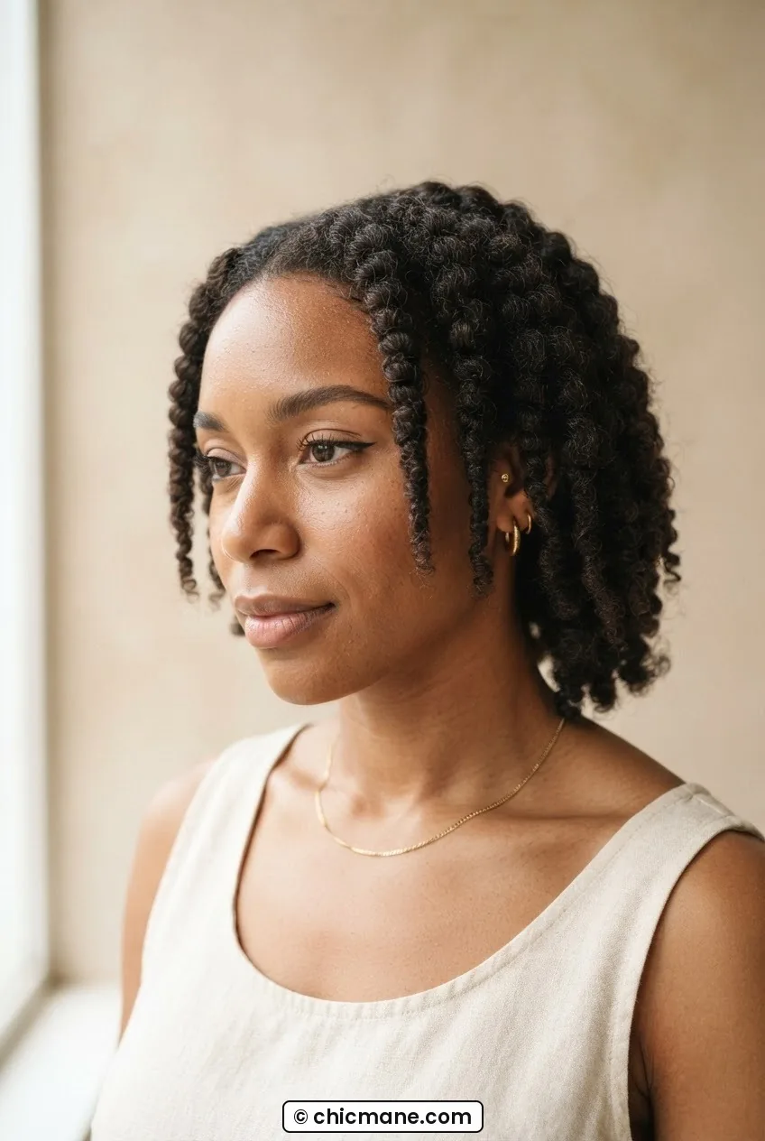 Woman with natural 3B hair in a gently separated flattened braid-out, coils smoothed downward against warm oat backdrop