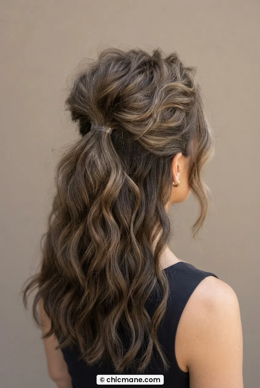 Woman with fluffy half-up style showing puffy crown gathering and natural loose waves falling below in warm putty-toned studio
