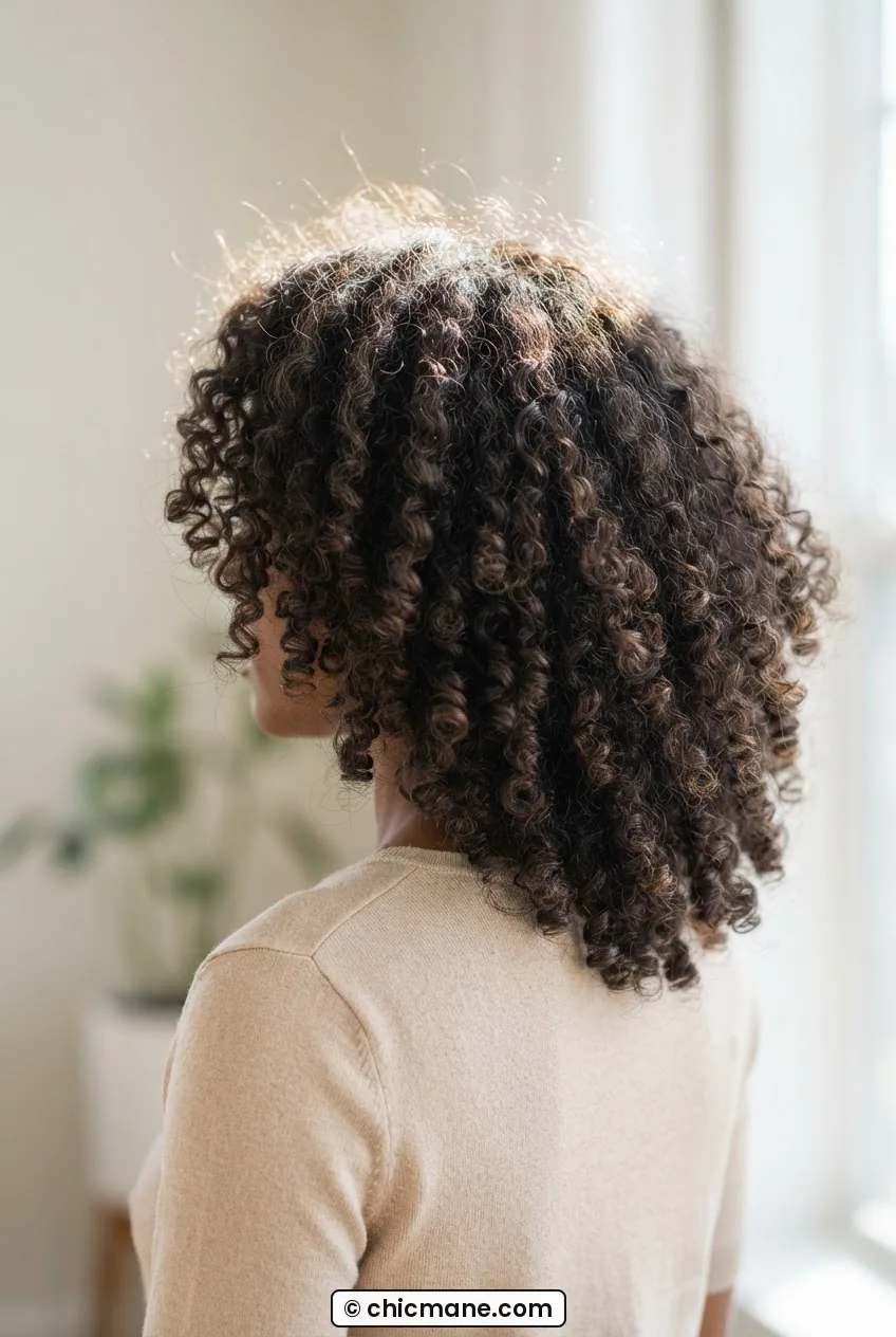 Back three quarter view of woman with thick 3C curls showing smooth clumps with fine flyaway hairs at crown