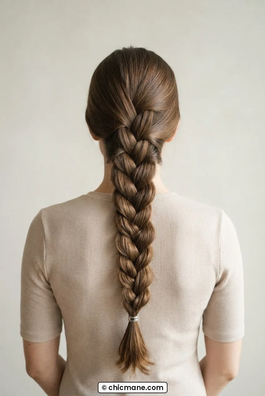 Back view of a woman with a wide flat four-strand braid showing the woven ribbon-like center channel from crown to waist