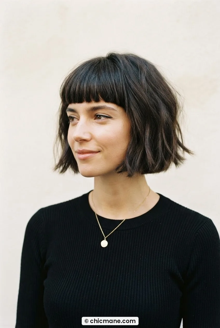 Woman with short French bob cut above chin paired with blunt fringe showing undone Parisian texture