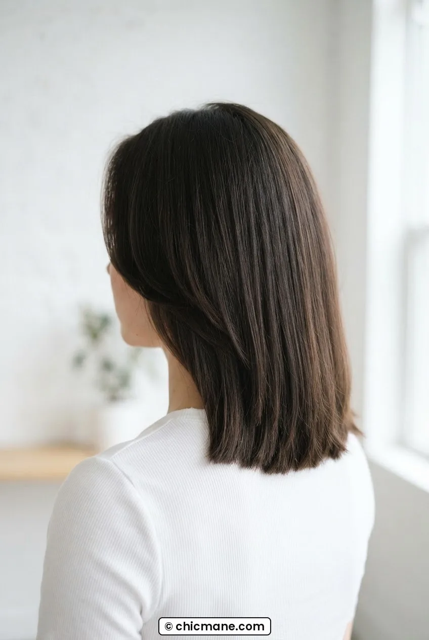 Back three quarter view of woman with thick hair freshly trimmed at collarbone length showing clean ends and visible layered structure