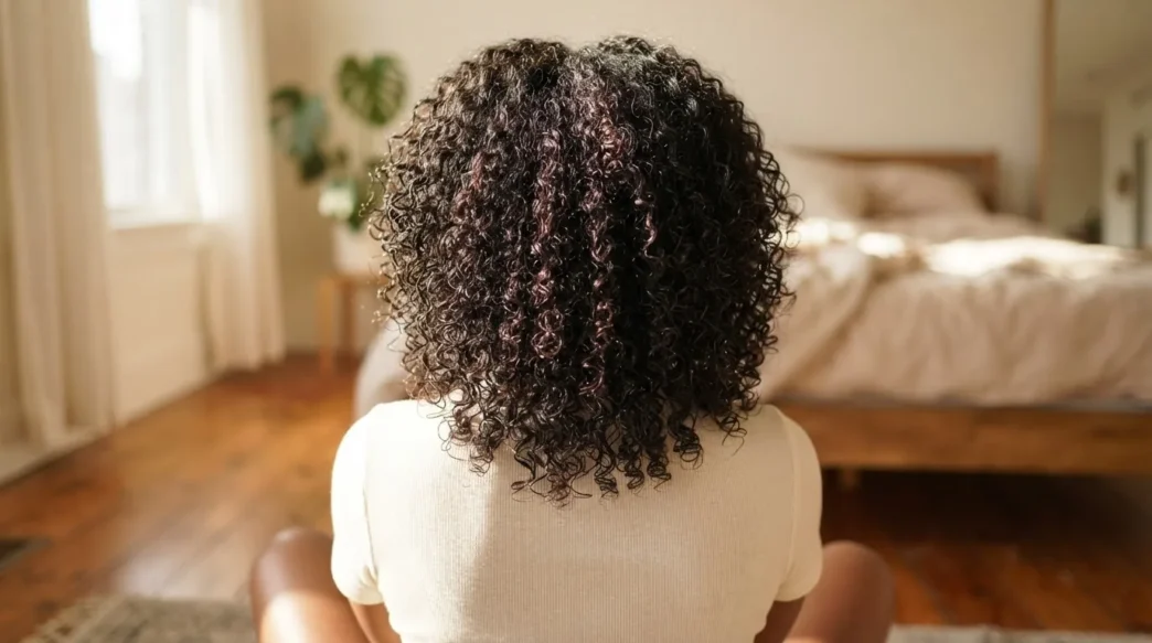 Back view of woman with damp 4B natural coils sitting on a sunlit bedroom floor with warm window light