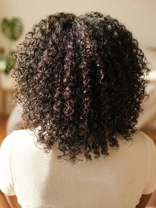 Back view of woman with damp 4B natural coils sitting on a sunlit bedroom floor with warm window light