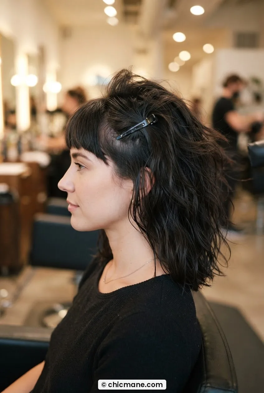 Woman in salon chair with fringe clipped back while blow-dryer rough-dries roots with visible lift