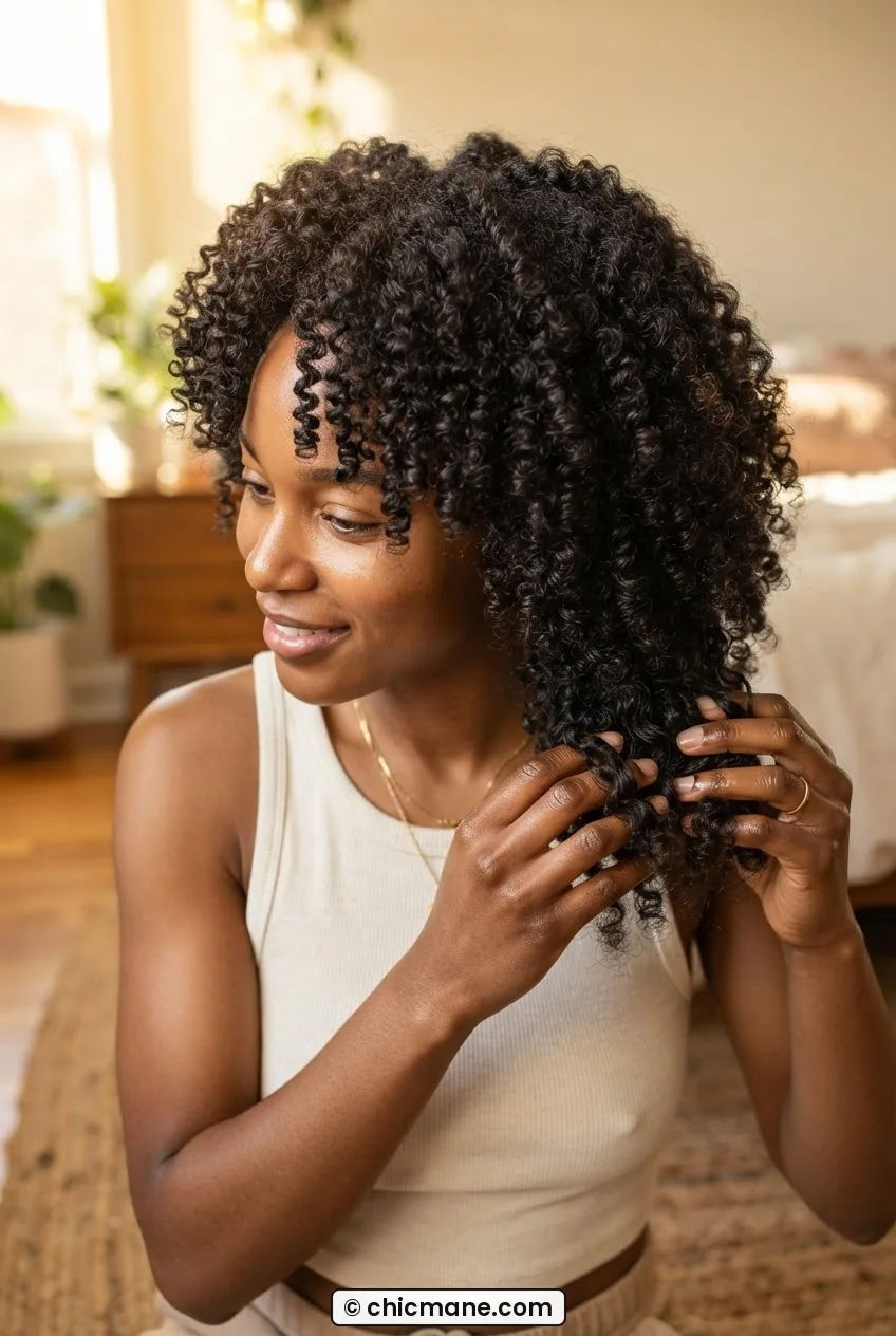 Woman scrunching light oil through fully dried finger-coiled 4C natural hair to break the gel cast and reveal bouncy spirals