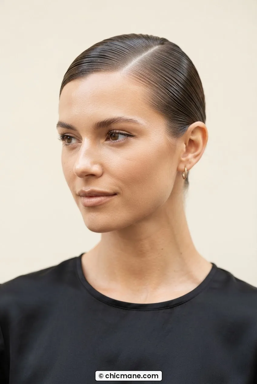 Woman with a high-shine gel slick-back hairstyle showing a lacquered smooth surface and deep side part