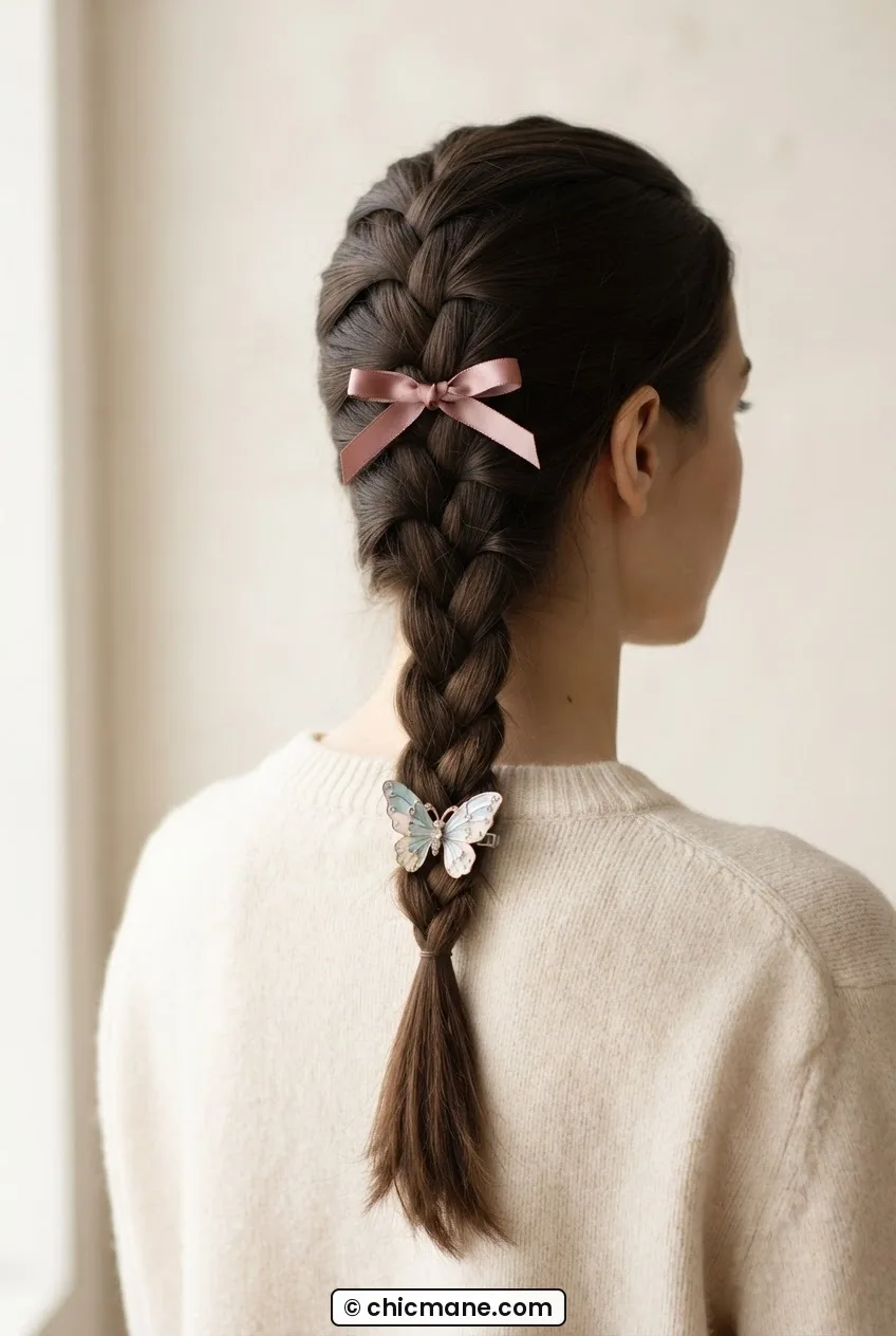 Young girl with a three-strand braid finished with a silk ribbon bow and butterfly clip in soft indoor light