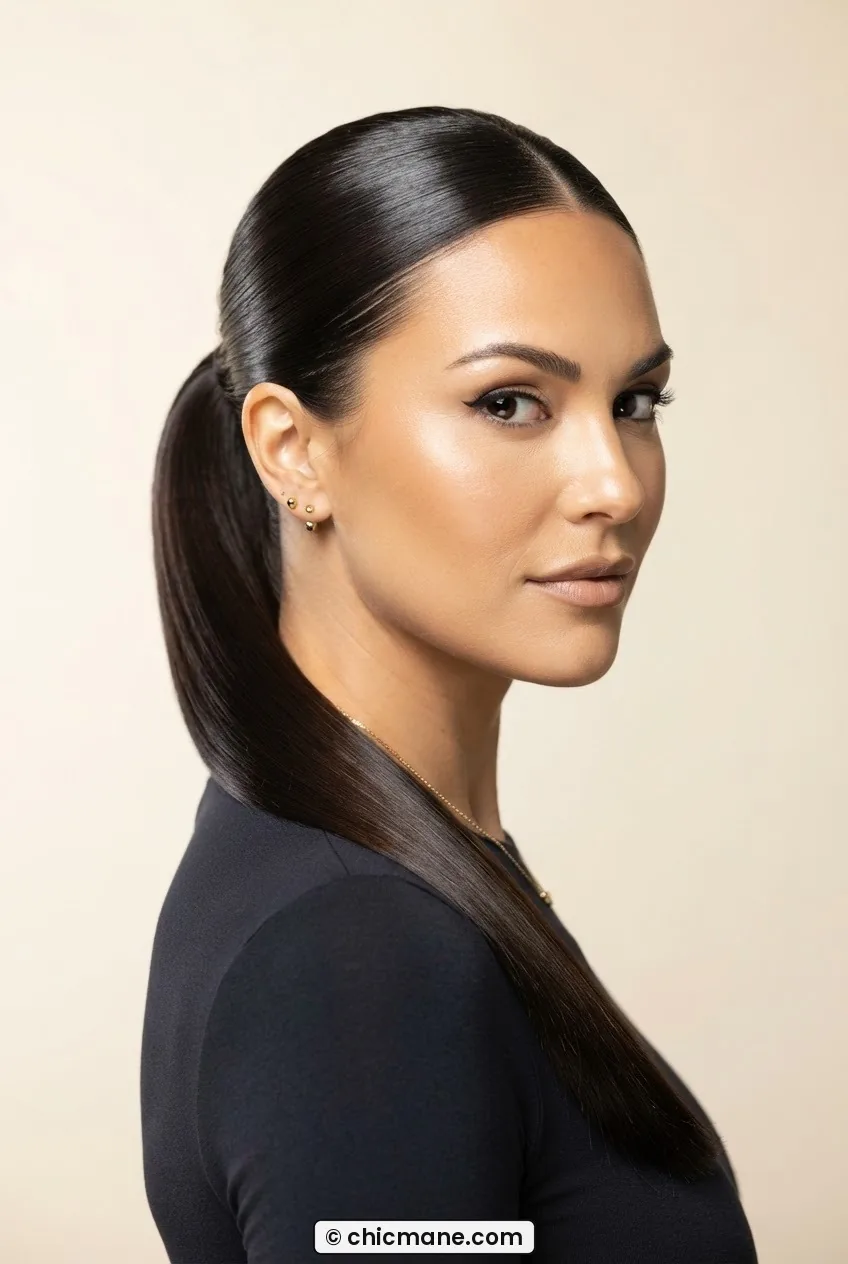 Woman wearing an ultra-sleek glass-finish high ponytail with a smooth flyaway-free crown and glossy tail