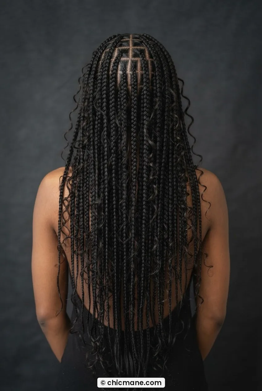 Back view of a woman with long goddess box braids and loose curly strands floating from the braid shafts at various points