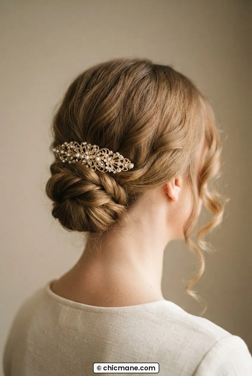 Woman with ornate gold hair clip securing low twisted updo with loose face-framing tendrils, plain wall background