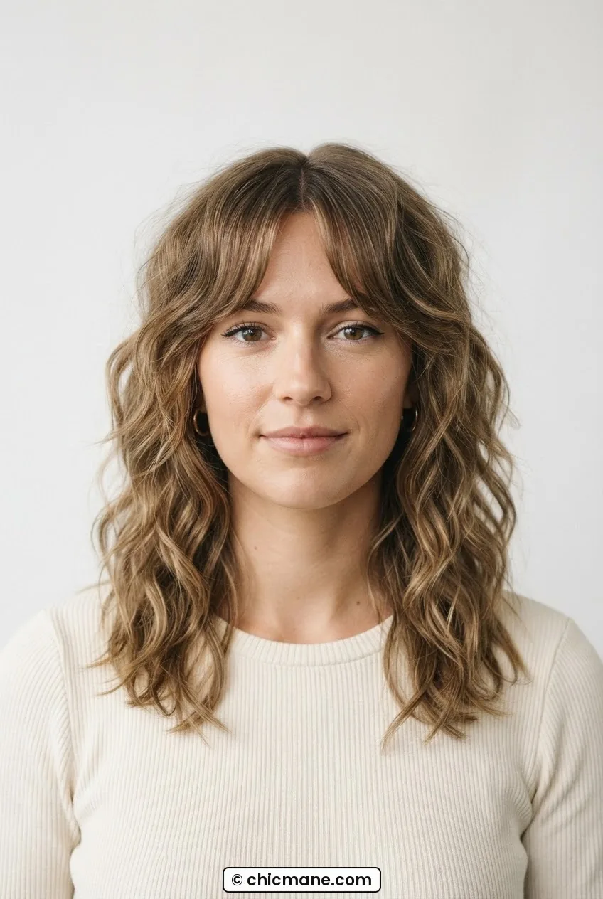 Woman with grown-out medium shag hairstyle featuring soft curtain fringe and wavy textured layers